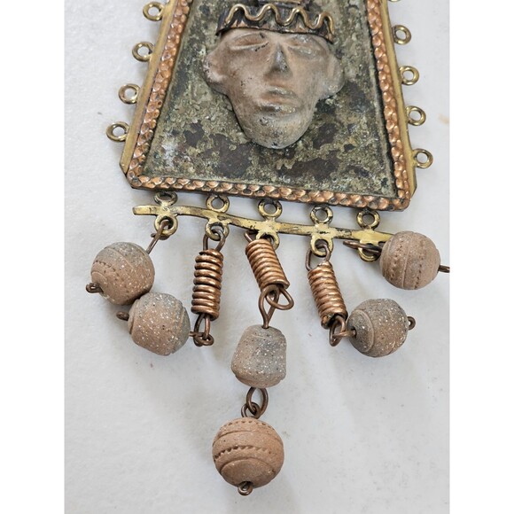 Vintage 1960s-70s Mexico Stamped Mixed Metal Necklace - Maya Ethnic Mask Pendant - Picture 6 of 12